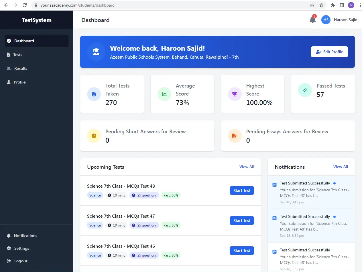 Younas Academy online test platform interface